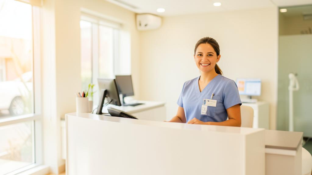Dental office front desk answering a patient call